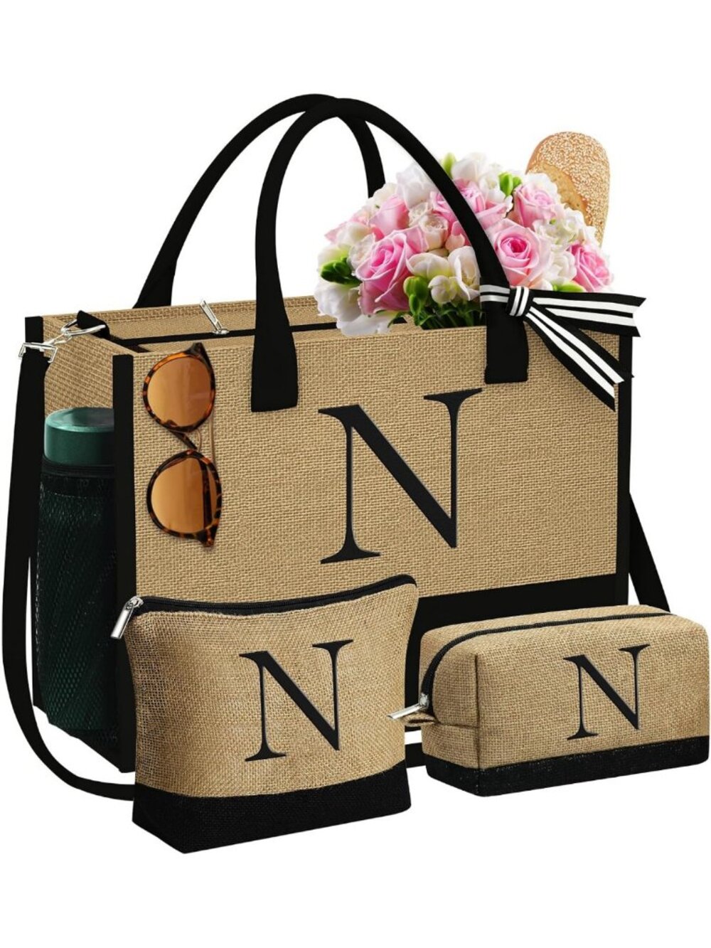 Personalized Initial Jute Tote Bag & 2 Makeup Bags - Unique Gift for Women